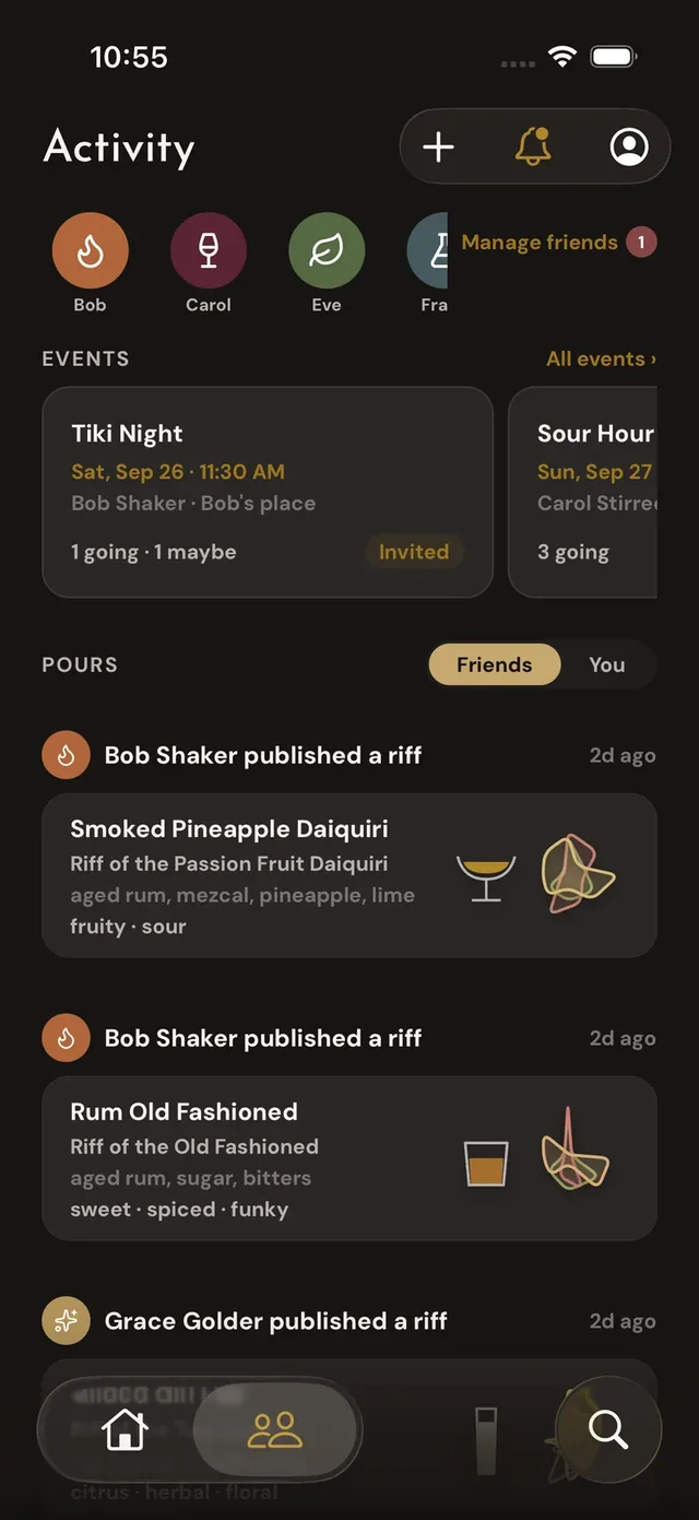 The Activity tab: a friends row, an upcoming event card, and a feed of pours with ratings, notes, and reactions.