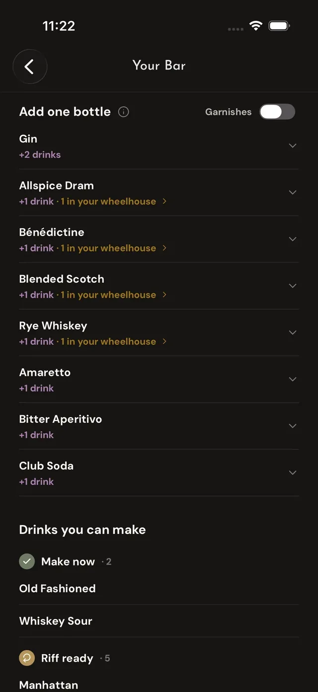 The Bar screen's "Add one bottle" section: each suggested bottle with how many new drinks it unlocks and how many land in your wheelhouse, above the drinks you can already make.