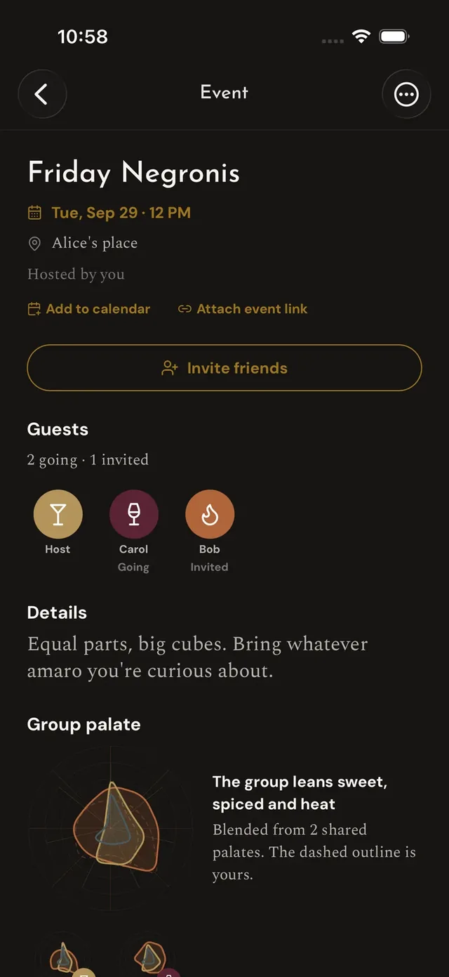 An event page: title, date and place, the guest list with RSVP states, details, and the group palate chart blended from guests' shared palates.