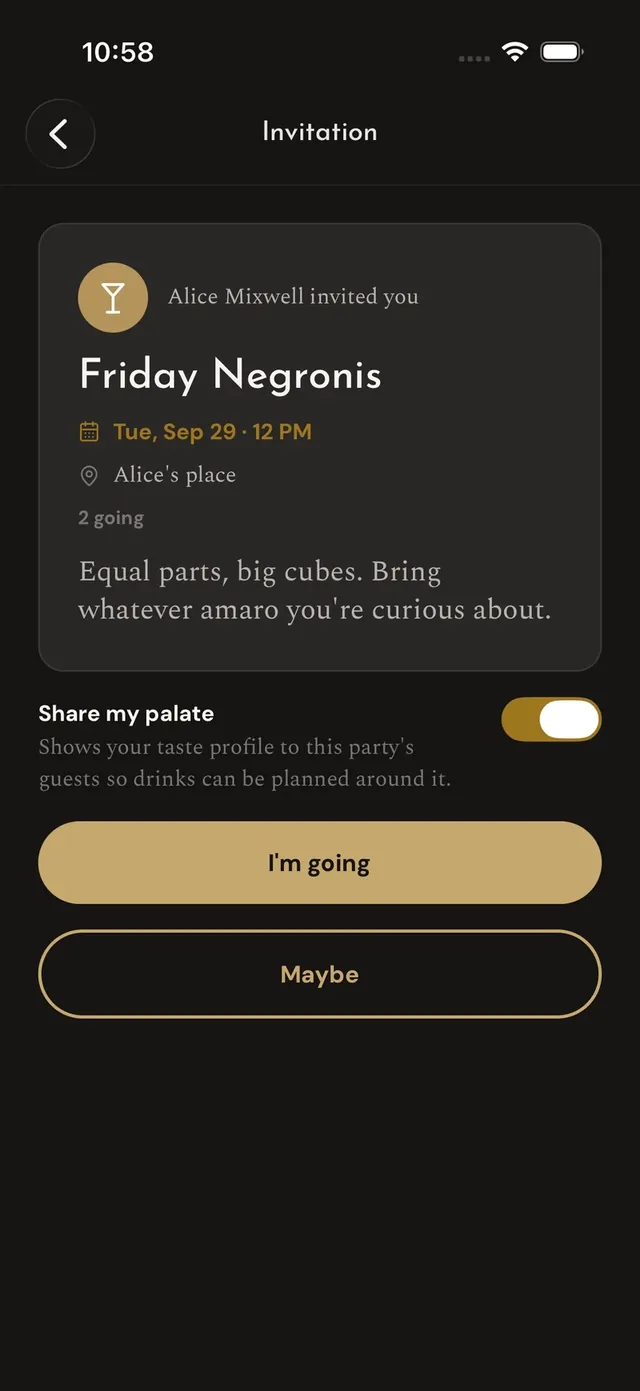 An event invitation: who invited you, when and where, the "Share my palate" consent toggle, and I'm going / Maybe buttons.