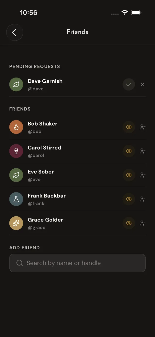 The Friends screen: a pending request with accept and decline, the friends list with browse-their-bar and unfriend actions, and friend search.