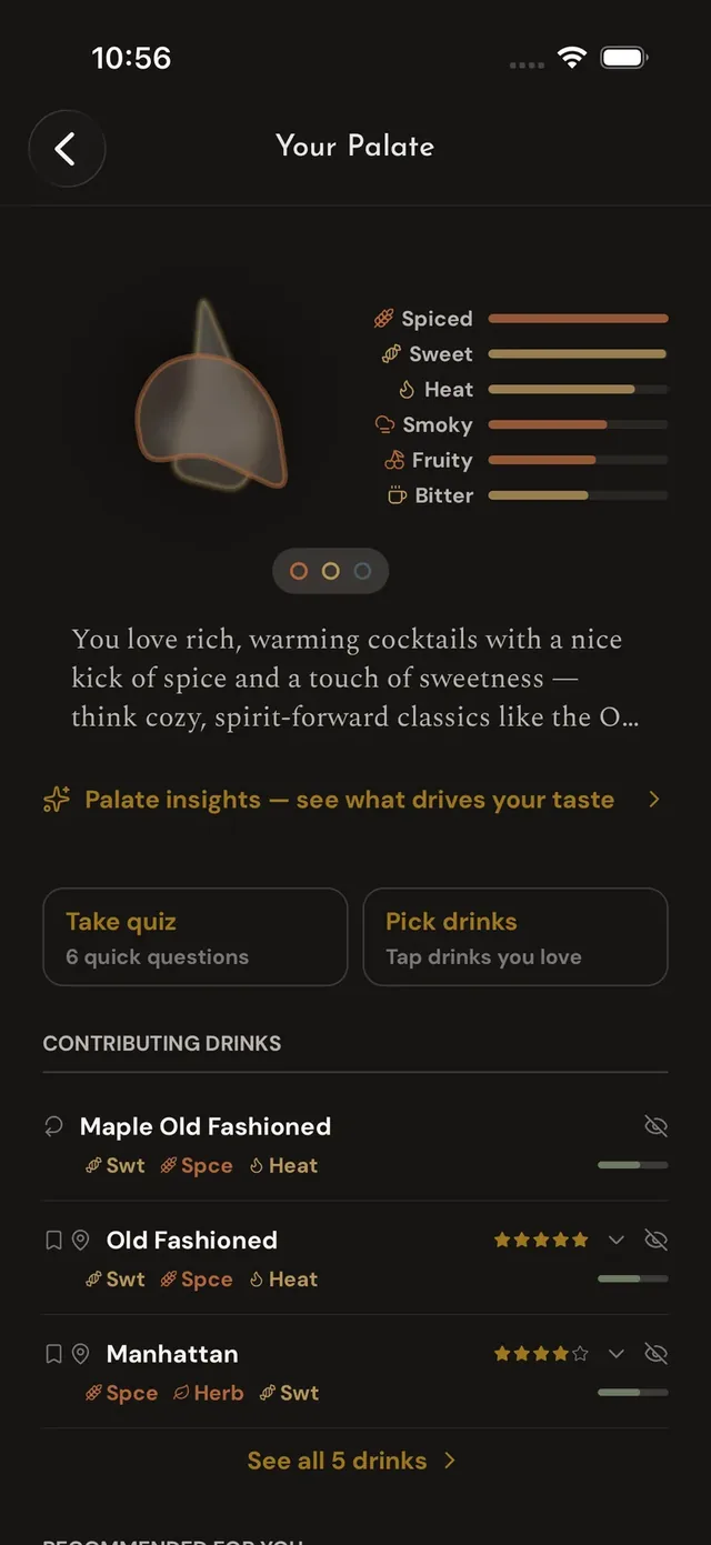 The palate page: your flavor-fingerprint chart with strength bars, a written summary of your taste, and the contributing drinks list.