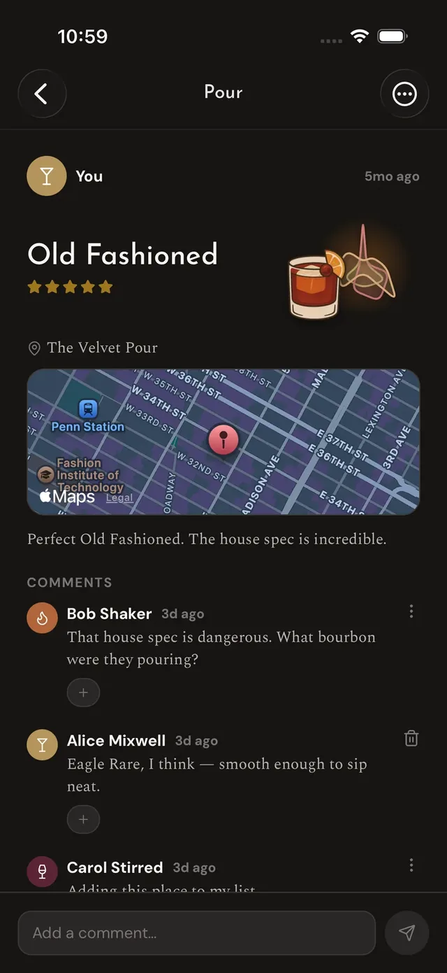 A pour page: the drink with its rating and artwork, a venue minimap, the note, and a comment thread below.