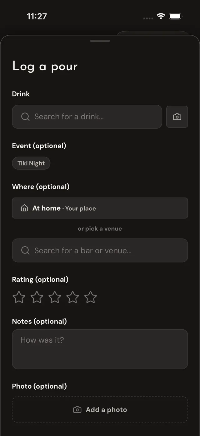 The Log a pour form: drink search, an At home option beside venue search, star rating, notes, and an optional photo.
