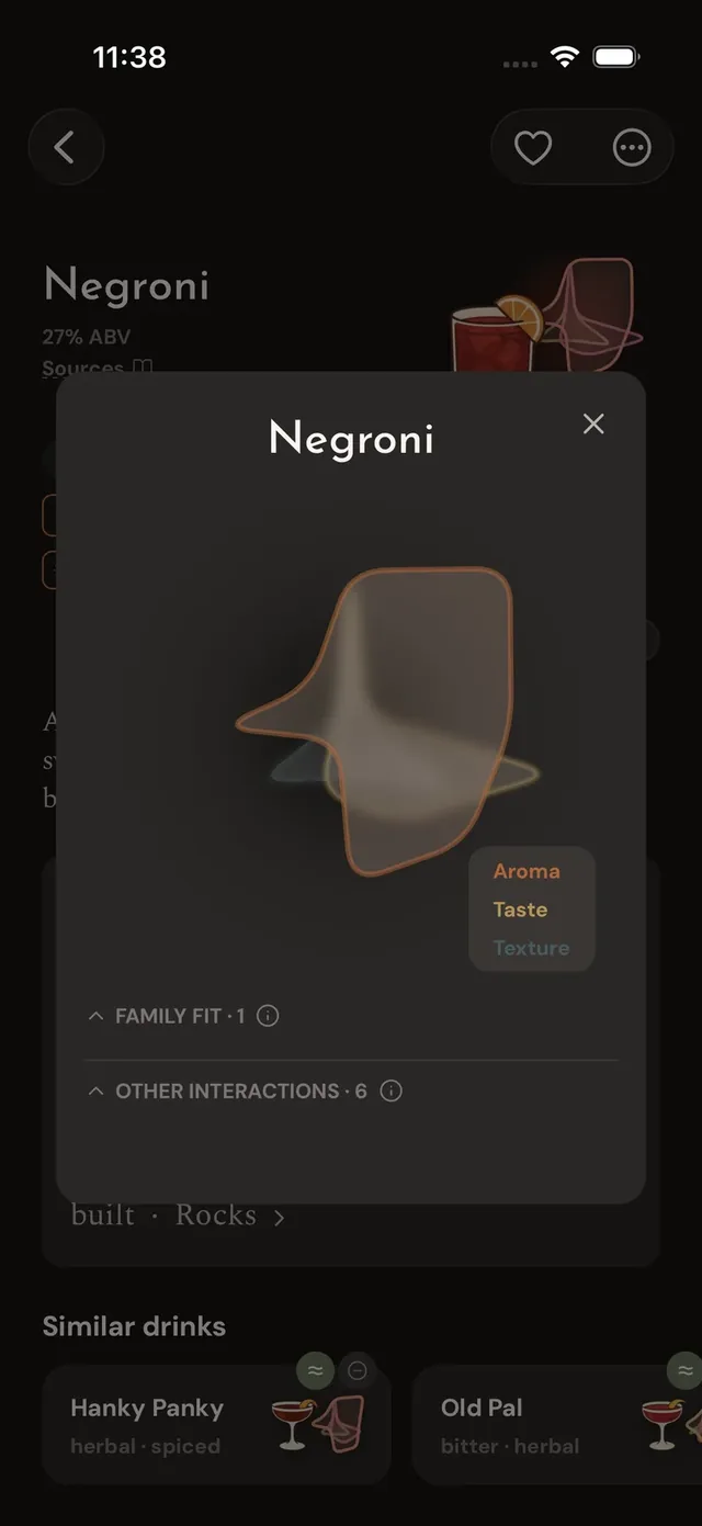 The expanded flavor chart for a Negroni: the full-screen chart with Aroma, Taste, and Texture pills and the drink's balance sections.