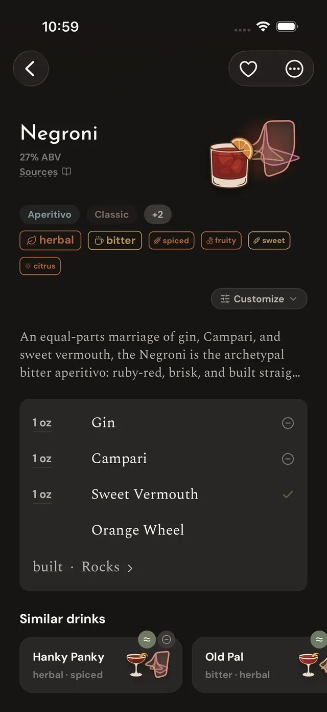 A Negroni's detail page: ABV and Sources, flavor tags, the flavor chart beside the drink's illustration, the build with amounts, and similar drinks.
