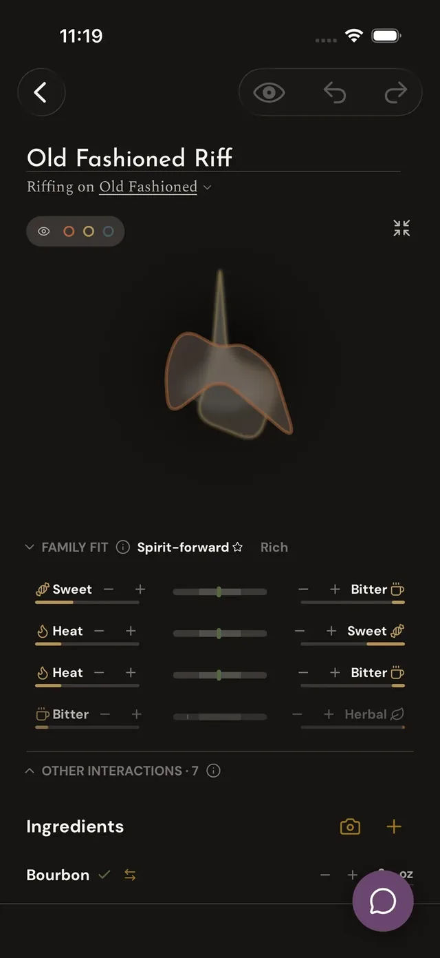 The riff editor's expanded view: the full flavor chart over the balance panel reading the drink's key relationships, like sweet against bitter.