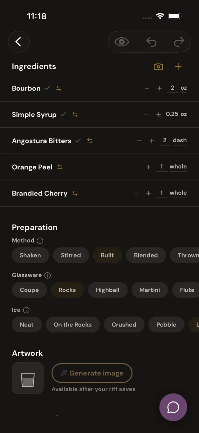 The riff editor: the ingredient list with swap and nudge controls, method / glassware / ice pickers, the artwork block, and the assistant button.