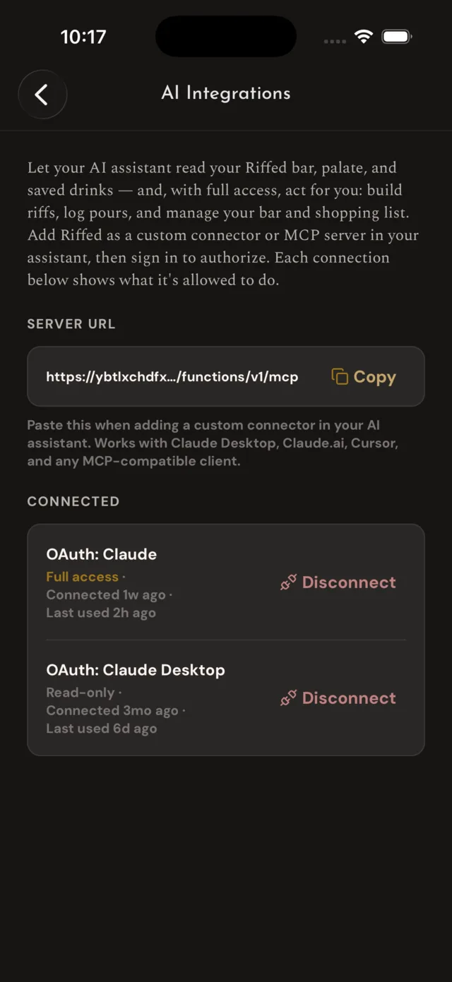 The AI integrations settings screen: the MCP server URL with a Copy button, and connected assistants each showing Full access or Read-only with a Disconnect button.