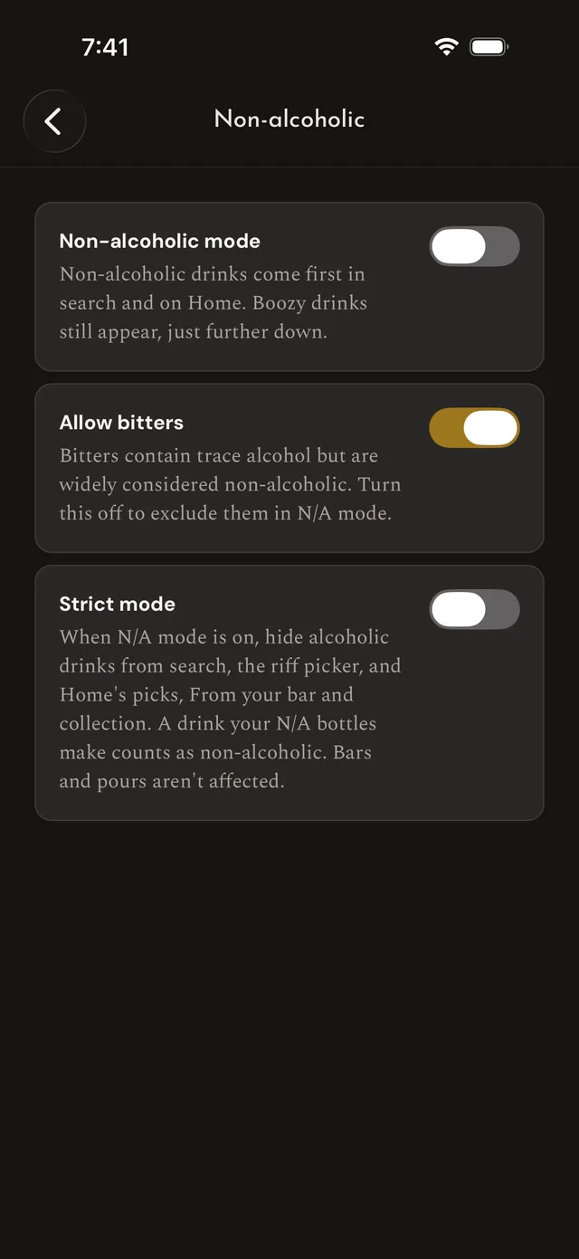 The Non-alcoholic settings screen: switches for N/A mode, allowing bitters, and strict mode, each with an explanation.
