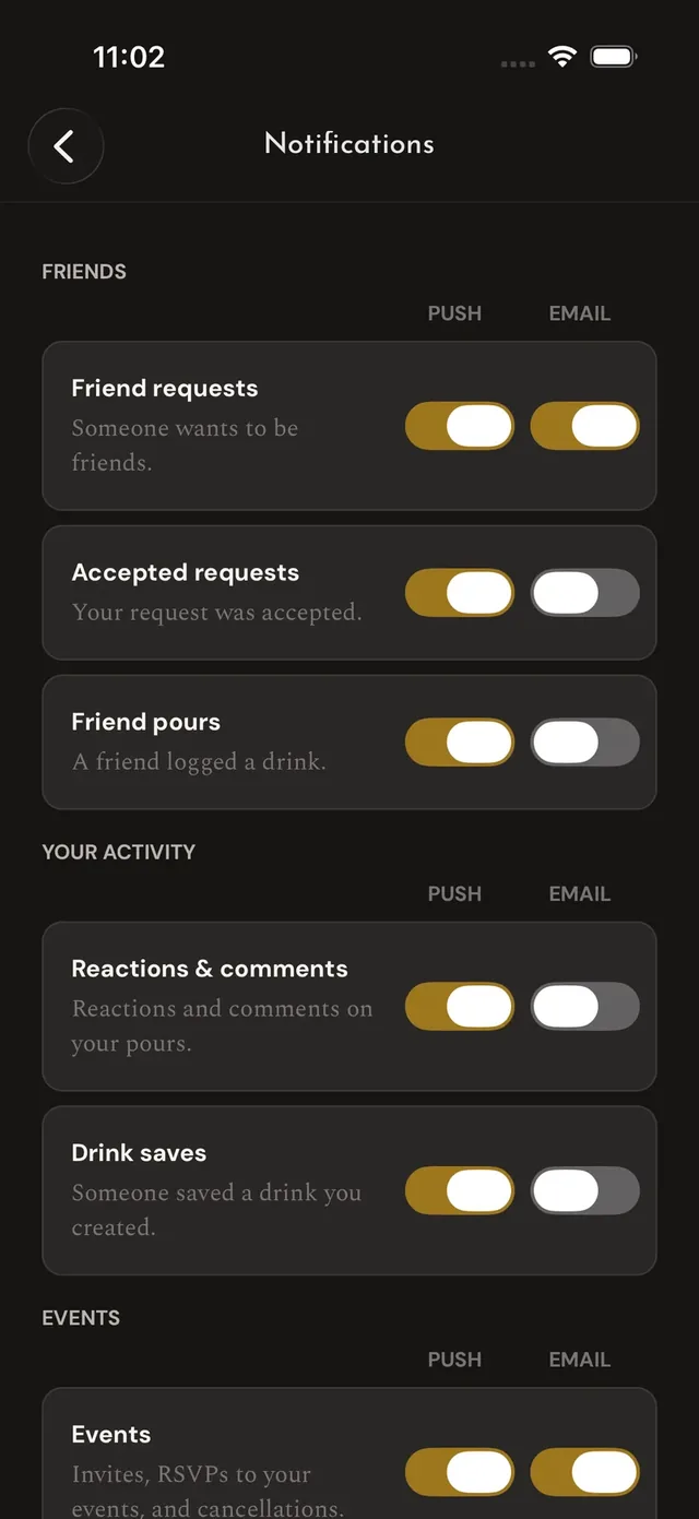 Notification settings: per-category rows — friend requests, pours, reactions and replies, events — each with its own push and email switches.